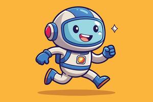 A cheerful cartoon astronaut runs playfully across a bright orange background showcasing excitement and adventure in space exploration vector