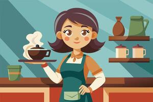 A barista serving coffee in a cozy cafe with colorful decor and kitchenware on display during daylight hours vector