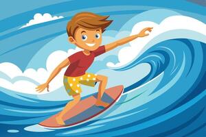 A cheerful boy surfs on a vibrant wave under a bright blue sky at the beach during a sunny afternoon vector
