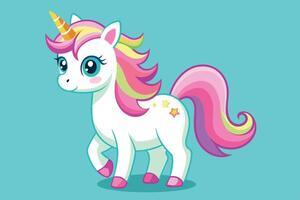 A colorful cartoon unicorn with a rainbow mane walking playfully against a bright turquoise background vector