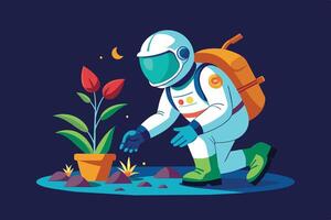 Astronaut discovers a vibrant plant on a distant planet during an exploratory mission under a starry night sky vector