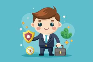 A cheerful cartoon businessman holding a shield and a briefcase, surrounded by coins and leaves, representing financial growth and security vector