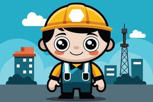 Cheerful construction worker character standing in a colorful urban landscape with tall buildings and communication tower at daytime vector