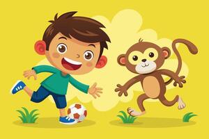 A cheerful child plays soccer with a playful monkey in a colorful outdoor setting during the daytime vector