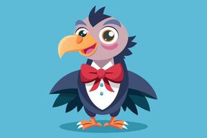 A cheerful cartoon bird character in formal attire with a red bow tie and a friendly smile against a bright blue background vector