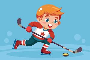 A young boy enjoys playing ice hockey on a frozen rink while skillfully handling the puck during a sunny winter afternoon vector