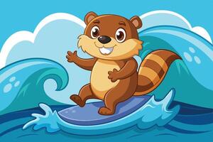 A cheerful cartoon beaver surfing on a wave under a bright blue sky with fluffy clouds in the background during a sunny day vector