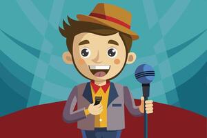 A young performer cheerfully sings into a microphone on stage, showcasing talent and enthusiasm in a colorful venue setting vector