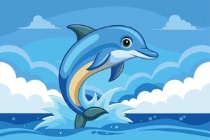 A vibrant blue dolphin leaps from the tranquil ocean waves under a bright sky dotted with fluffy clouds vector