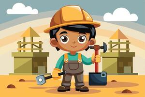 Young construction worker holding tools, ready for a project in a playful cartoon style, against a background of building sites vector
