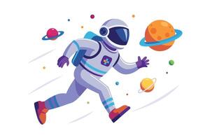 A cartoon astronaut exploring a vibrant outer space with colorful planets and rings in a whimsical cosmic environment vector