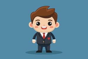 A cheerful cartoon boy in a suit stands confidently against a simple blue background, showcasing a playful and professional demeanor vector