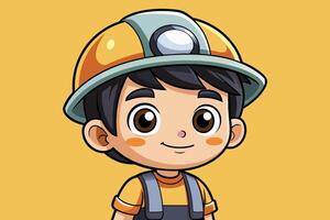 A cheerful cartoon boy wearing a mining helmet smiles brightly against a warm yellow background while showcasing a spirited and adventurous look vector