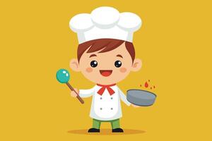 Young chef happily cooking with a spoon and pot against a bright yellow background in a playful kitchen setting vector