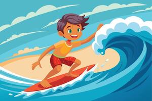 A young boy surfing a vibrant wave on a sunny beach during summer, showcasing his skills and joy in the ocean vector