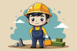 A cheerful child construction worker in a hard hat poses confidently on a building site surrounded by rocks and green blocks vector