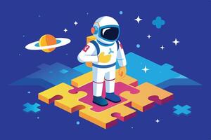 An astronaut stands confidently on a colorful puzzle piece platform in a stylized space setting with rings of Saturn in the background vector