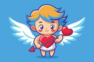 A cute cartoon cupid character with wings holds a heart-shaped arrow against a bright blue background vector