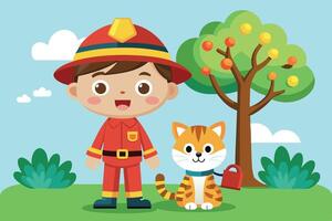 A cheerful child dressed as a firefighter stands with a playful cat near a tree in a sunny park setting vector