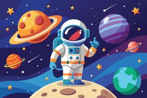 An astronaut explores a colorful alien landscape surrounded by various planets and stars in a vibrant cosmic setting vector