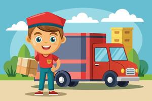 A cheerful delivery worker stands next to a red delivery truck holding a package in a cartoon-style neighborhood setting vector