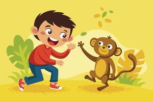 A cheerful child plays joyfully with a friendly monkey in a colorful jungle setting during a bright sunny day vector