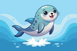 Cute cartoon seal jumping playfully out of the water with a joyful expression against a vibrant blue ocean backdrop vector
