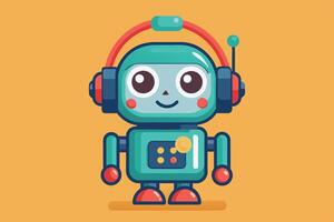 Cheerful cartoon robot character with headphones and friendly expression set against a bright yellow background vector