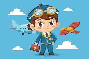 A young boy dressed as a pilot stands confidently with a toy airplane and propeller against a bright blue sky vector