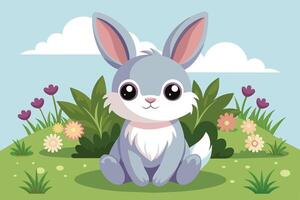 A cute gray rabbit sitting in a flower-filled meadow under a blue sky with fluffy clouds during a sunny day vector