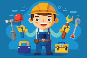 Young worker happily holds various tools in a cartoon style, showcasing enthusiasm for construction and repair activities in a colorful setting vector
