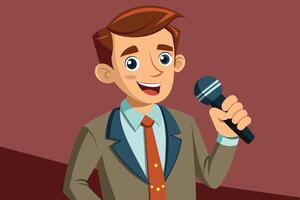 A cheerful presenter enjoys speaking to the audience while holding a microphone during a lively event in a bright venue vector