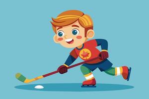 Young boy playing hockey on ice, showcasing excitement and skill during a sunny day, dressed in colorful gear and skating with confidence vector