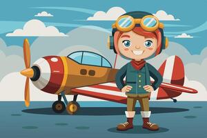 A cheerful young aviator stands proudly in front of a colorful bi-plane on a clear day with fluffy clouds in the background vector