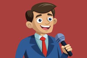 A young man in a suit enthusiastically holds a microphone while speaking to an audience in a bright, cheerful setting vector