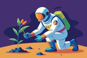 Astronaut tending to a newly discovered plant on a distant planet during a vibrant extraterrestrial exploration mission vector