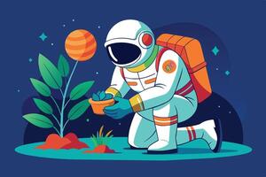 An astronaut plants a small flower on a distant planet under a starry sky during a bright, vibrant cosmic exploration vector