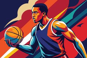 A vibrant basketball player dribbling the ball during a colorful game illustration in an energetic urban setting vector