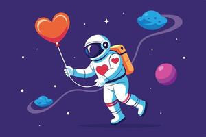 An astronaut with a heart-shaped balloon explores a colorful space landscape filled with planets and stars vector