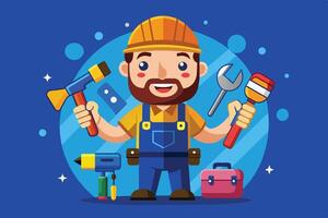 A cheerful handyman working with tools in a vibrant setting, showcasing his skills and enthusiasm for repair and maintenance tasks vector
