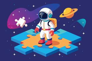Astronaut exploring a colorful puzzle piece landscape with planets and stars in a vivid outer space setting vector