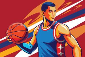 Stylized basketball player in action pose with vibrant colors during a game, highlighted by dynamic background in the setting of a sports arena vector