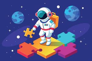An astronaut assembling a colorful puzzle in outer space among vibrant planets and stars vector