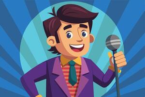 Animated character performing comedy on stage with a microphone in a vibrant, colorful setting vector