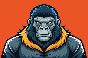 A fierce gorilla with striking blue accents and a vibrant orange background, showcasing its powerful presence and captivating expression vector