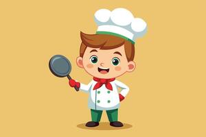 A cheerful young chef in a white uniform and chef hat holding a frying pan, presenting a warm smile against a vibrant yellow background vector