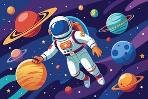Astronaut exploring colorful planets in outer space with vibrant celestial backgrounds during a surreal cosmic adventure vector