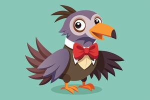 A cheerful cartoon bird wearing a tuxedo and bow tie, standing against a teal background, showcasing its vibrant colors and playful expression vector