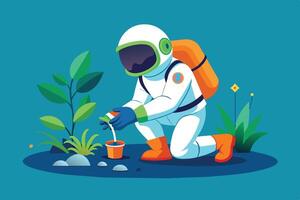 Astronaut tending to plants on an alien planet while crouching near vibrant green foliage and stones in a colorful environment vector