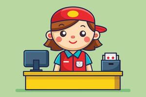 A friendly cashier working at a colorful fast food counter during the day, ready to assist customers with their orders and service vector